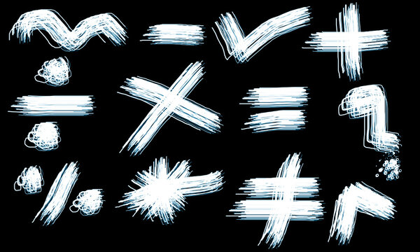 Abstract cyan neon glowing math symbols and brush strokes collection isolated on black background. set of black and white arrows