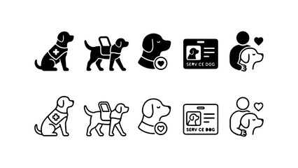 Fototapeta premium Service Dog Icon Set in Solid Silhouette and Linear Outline Style