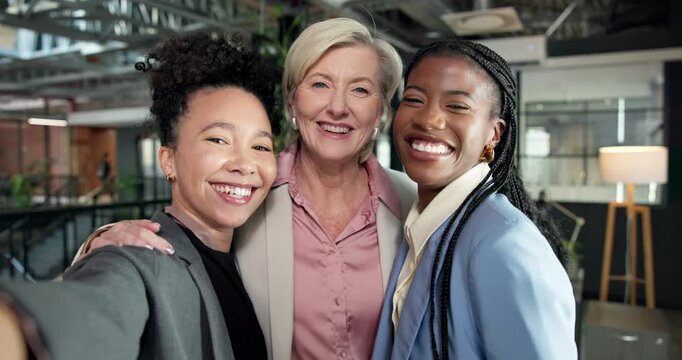 Face, team and business women with selfie for photography or capture moment together in office. Portrait, happy or female people with smile for picture, memory or social media post in workplace