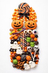 Fototapeta premium Halloween candy collection with pumpkin ghost skull and lollipop treats on white background