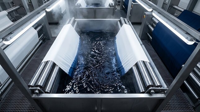 Industrial fabric dyeing machine processing white and blue textiles in deep blue liquid, demonstrating textile manufacturing and material treatment in a factory setting.