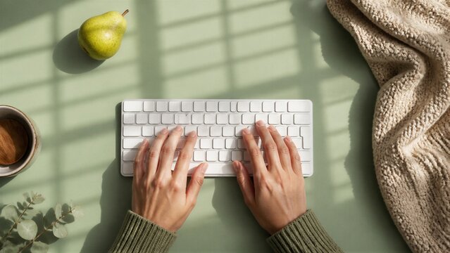 Woman typing on wireless keyboard on sage green desk with pear, knitted blanket and cup.