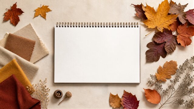 Open sketchbook with blank page for planning surrounded by autumn leaves and fabric swatches. Fall season background with dry foliage and textile samples for creative inspiration.