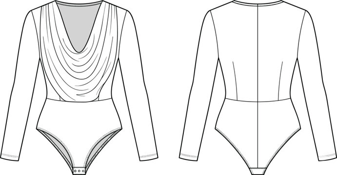 Flat sketch women long sleeve bodysuit with draped cowl neckline, front and back technical fashion illustration CAD