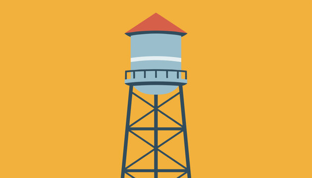 Tall blue water tower with a conical red roof standing on a metal framework structure isolated against an orange background.