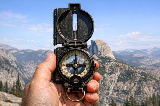 A person holds a compass in their hand, suitable for navigation and travel images