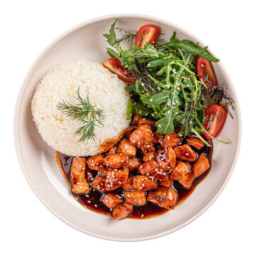 Teriyaki chicken with rice and salad