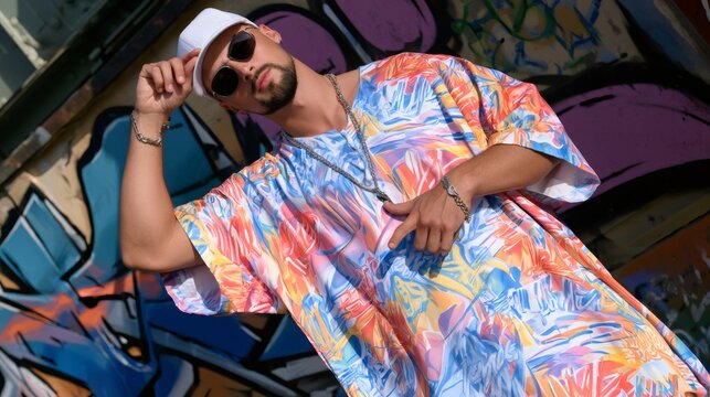 Stylish man wearing colorful t shirt, sunglasses, and cap