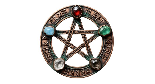 Antique bronze pentacle amulet with five elemental gemstones and Elder Futhark runes isolated on white for occult symbolism