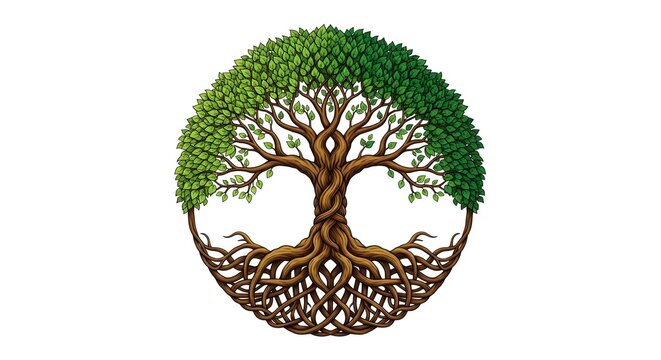 Circular tree of life with intricate roots and vibrant green leaves against a white background symbolizing growth and connection