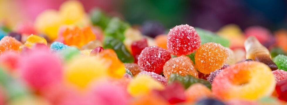 Assorted colorful gummy candies texture mix bright sweet treat variety.
