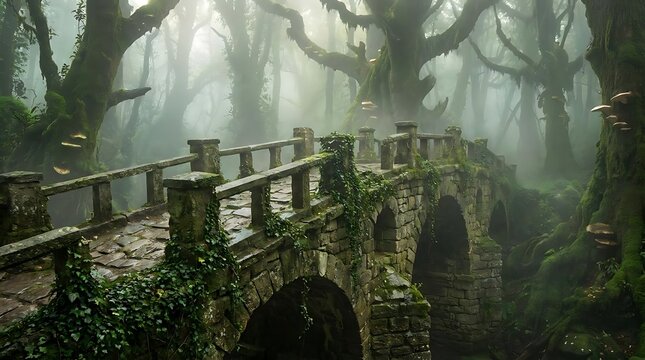 Ancient stone bridge in misty enchanted forest at dawn.