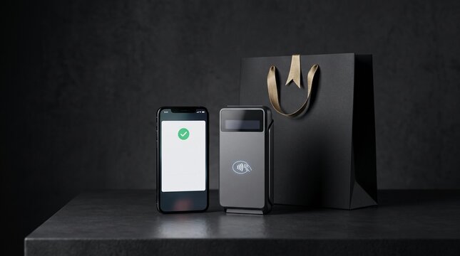Smartphone and portable card reader on dark table with shopping bag.