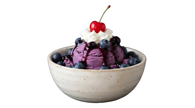 Acai bowl with blueberries whipped cream and cherry in as transparent PNG