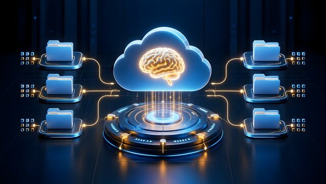 Futuristic artificial intelligence cloud computing server connecting to multiple digital folders on glowing high tech platform