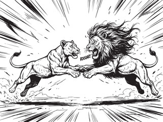 Obraz premium Aggressive lion and lioness fighting, epic battle scene, feline struggle vector, manga style wildlife combat, monochrome speed lines