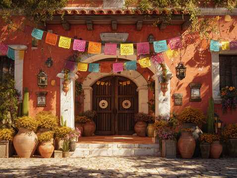 Traditional Mexican hacienda entrance decorated for Independence Day, papel picado, lanterns, floral garlands, terracotta pots, photorealistic, highly detailed, no people, 8k