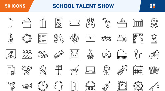 School Talent Show line icon set. Vector pictograms of performance, music, theater, and competition elements, thin linear illustration.
