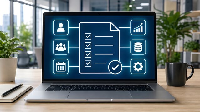 Laptop computer displaying digital project management software and workflow checklist icons on a modern office desk