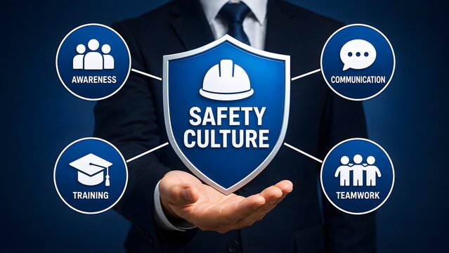 Businessman presenting a corporate safety culture concept with digital icons for training teamwork and hazard awareness