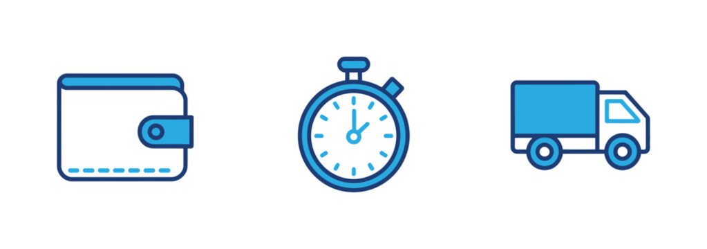Financial savings time management and delivery service icon set in blue