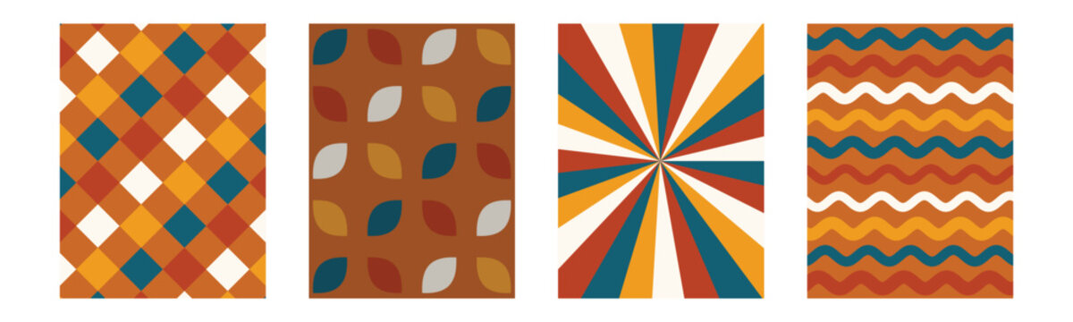 Set of four retro 1970s style patterns with geometric shapes and wavy lines in warm earth tones