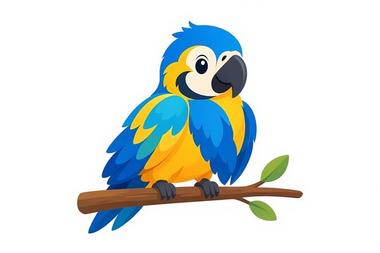 Cute Cartoon Blue and Yellow Macaw on Tree Branch, Colorful Tropical Parrot Vector Illustration Isolated on White,Generative ai