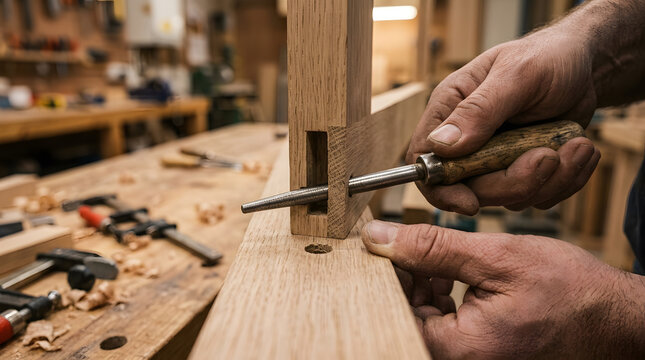 Skilled carpenter using a hand file to refine a mortise and tenon joint in solid oak wood at a professional workshop. Detail of manual craftsmanship, woodworking tools and traditional joinery.