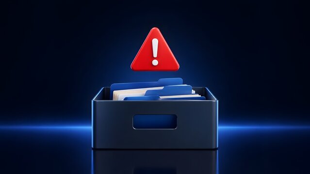3D red warning triangle hovering over a blue file box with documents representing data error and security alert.