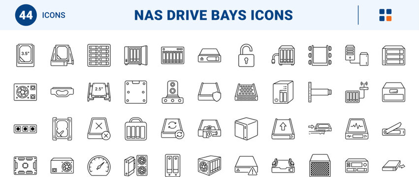 Nas drive bays line icon set. Vector pictograms of bay, hot, swap, and caddy elements, thin linear illustration.