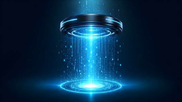 Futuristic glowing blue data portal projecting binary code light beam for cyber technology and cloud computing concept.