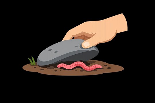A close-up of a human hand grasping a computer mouse hovering above a worm