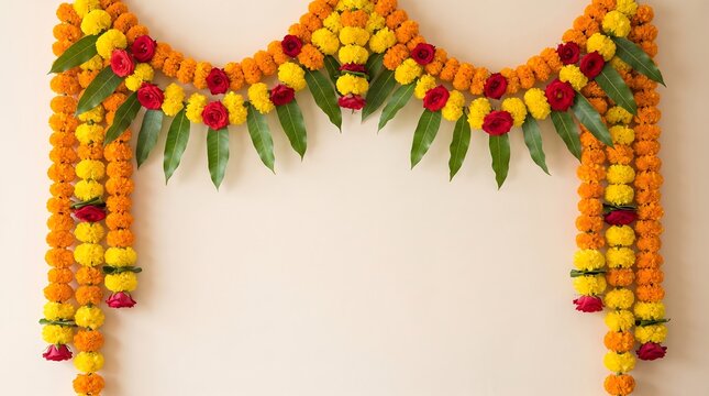 Celebrating the festival of lights a vibrant diwali doorway garland adorned with marigolds and lush green foliage symbolizing prosperity and joy