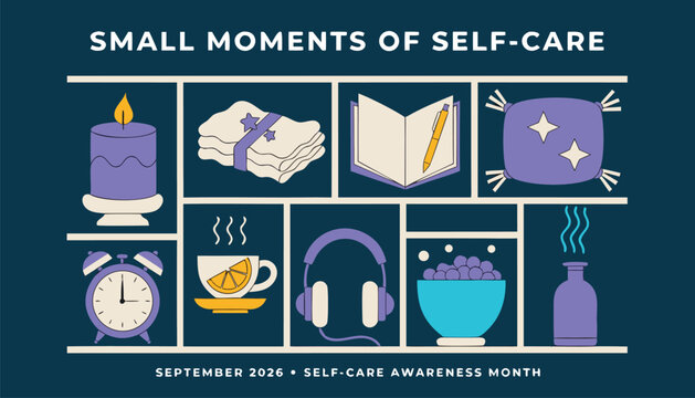 Illustrated icons showing daily self care habits for mental health wellness