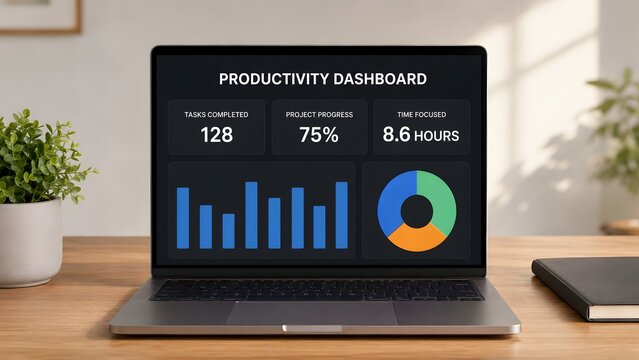 Laptop displaying digital productivity dashboard with project progress charts and task completion metrics on office desk