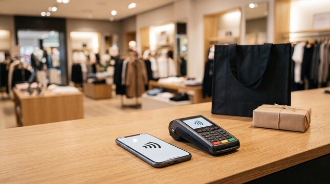 Contactless payment terminal on wooden table in clothing store.