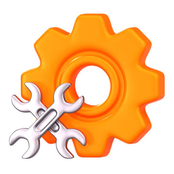 3D Orange Gear and Crossed Wrenches Icon for Technical Support and Maintenance Service