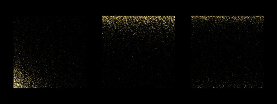 Set of golden scattered glitter textures. Corners and borders with shiny gold powder isolated on black background. Luxury decorative wallpapers. Vector illustration