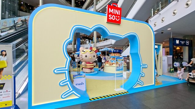 MINISO and Hello Kitty themed entrance archway gate pop up store at Terminal 21 Asok Department Store on August 17, 2026 in Bangkok, Thailand.