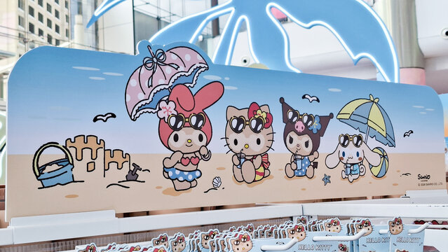 sanrio characters summer beach banner display featuring my melody hello kitty kuromi and cinnamoroll on August 17, 2026 in Bangkok, Thailand.