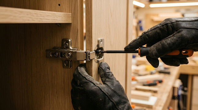 Professional carpenter wearing protective leather gloves installs a metal concealed hinge on a light oak wood cabinet door using a manual screwdriver in a workshop, furniture assembly.