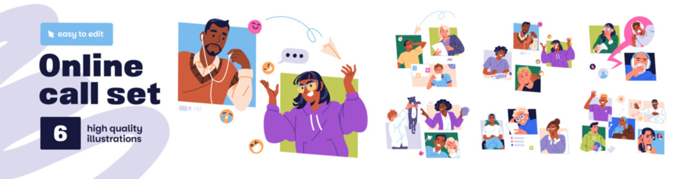 Online call concept set. People communicate at video conferences. Employees talk at remote work meeting. Teams discuss tasks by video calls. Flat isolated vector illustrations on white background