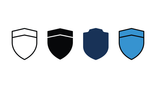 Set of four shield icons representing security and protection in various graphic styles isolated on white background