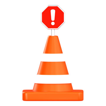 3D Orange Traffic Safety Cone with Warning Exclamation Mark Sign Isolated