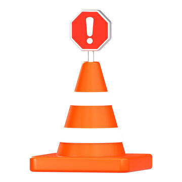 3D Orange Traffic Safety Cone with Warning Exclamation Mark Sign Isolated