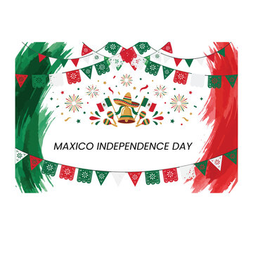 Mexico independence day background frame with brush stroke flags sombrero hat fireworks festive bunting garland layout banner