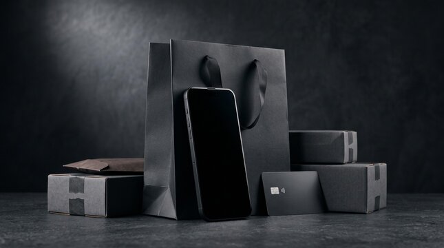 Modern smartphone and gift boxes on dark background.