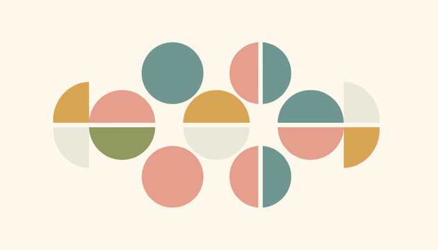 Abstract mid-century modern art composition with colorful circles and semi-circles in pastel tones on a beige background.