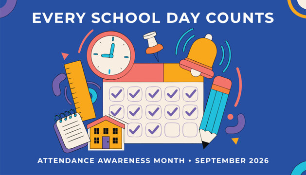 Colorful attendance awareness month graphic featuring school supplies and calendar icons