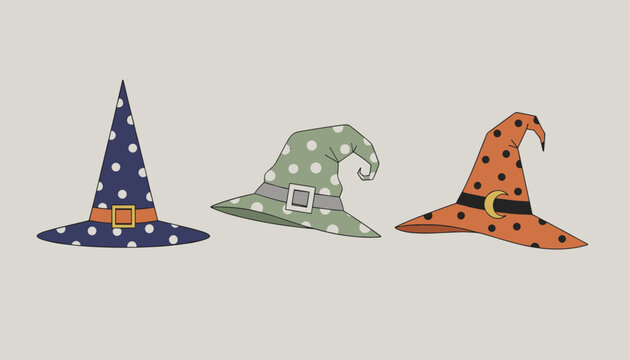 Three colorful witch hats with polka dots and crescent moon representing Halloween costume accessories.